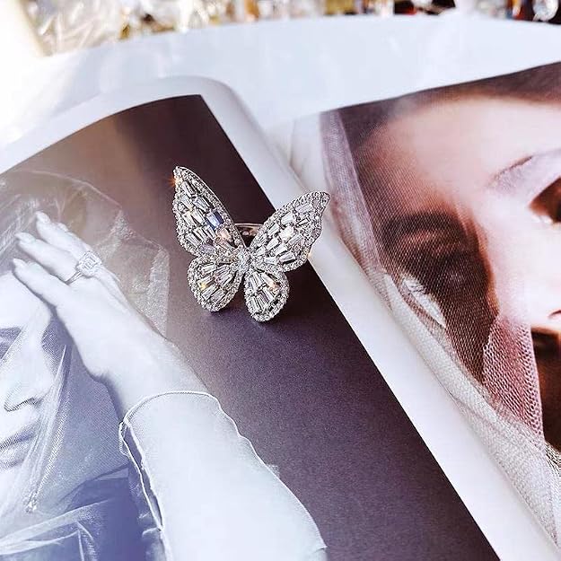 Fashion Frill 's Jewellery Butterfly Ring - Stainless Steel Silver AD Studded Adjustable Ring for Girls - Romantic Gift for Wife Girlfriend Promise