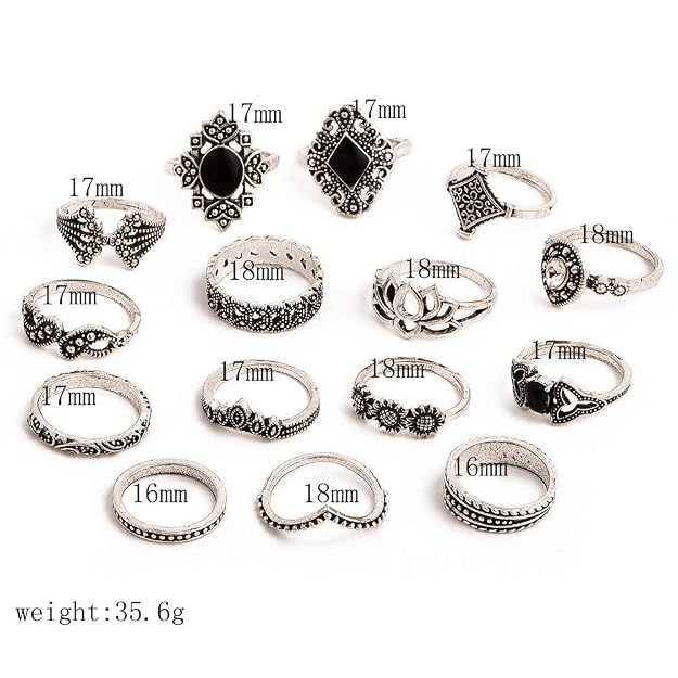 Shining Diva Fashion Non Precious Base Metal Boho Midi Finger Ring for Girls - Set of 15 (Silver, 11800r)