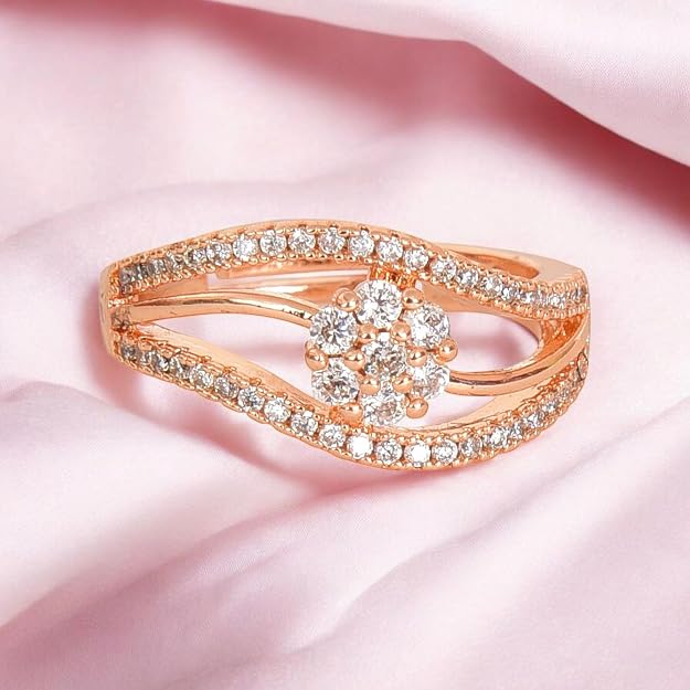 Nilu's Collection Rose Gold Plated Elegant American Diamond Studded Sparkling Adjustable Finger Ring and Girls (Rose Gold)