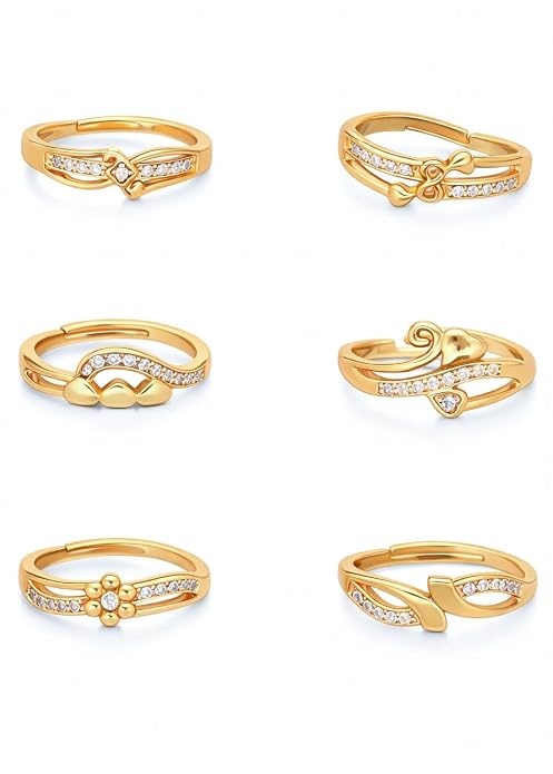 Brado Jewellery combo of 6 Gold Plated ad american diamond Adjustable free size Rings Combo  & Girls | Stylish Fancy Ring Set | Heart & Stone Design | for Daily use (JR 7)