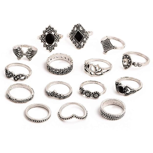 YouBella Oxidised Combo of 15 Boho Silver Plated Rings for Girls and  (YBRG_20111A) (Silver)