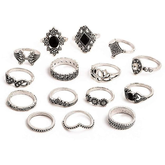 YouBella Oxidised Combo of 15 Boho Silver Plated Rings for Girls and  (YBRG_20111A) (Silver)