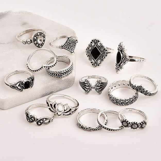 YouBella Oxidised Combo of 15 Boho Silver Plated Rings for Girls and  (YBRG_20111A) (Silver)