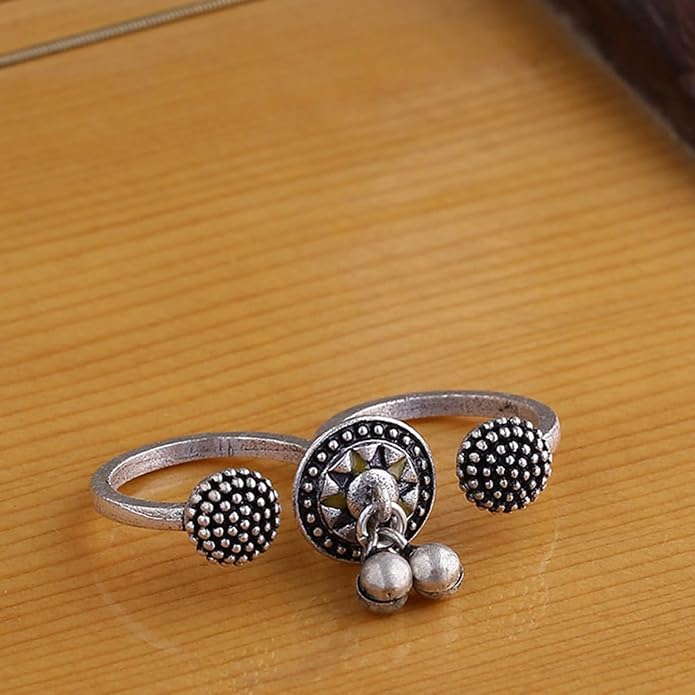 VOYLLA Oxidised Adjustable Statement Ring Textured Ethnic Design Lightweight Comfortable Finger Jewellery Anti Tarnish Styling s Day Gift For Wife Sister Girlfriend