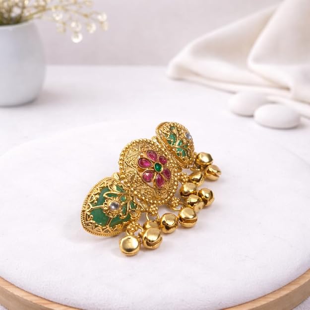 Heritage Style Elephant Motif Gold Plated Adjustable Ring with Latkan Green Stones Kundan Brass Jewellery