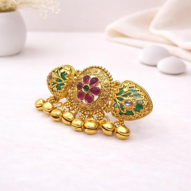Heritage Style Elephant Motif Gold Plated Adjustable Ring with Latkan Green Stones Kundan Brass Jewellery