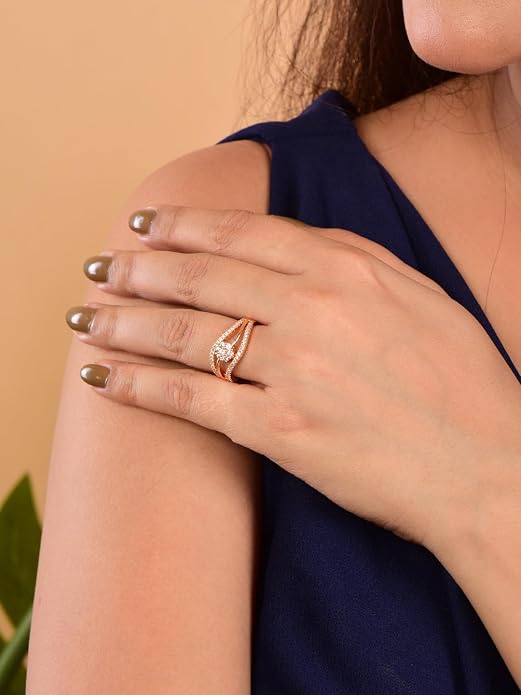 Nilu's Collection Rose Gold Plated Elegant American Diamond Studded Sparkling Adjustable Finger Ring  and Girls (Rose Gold)