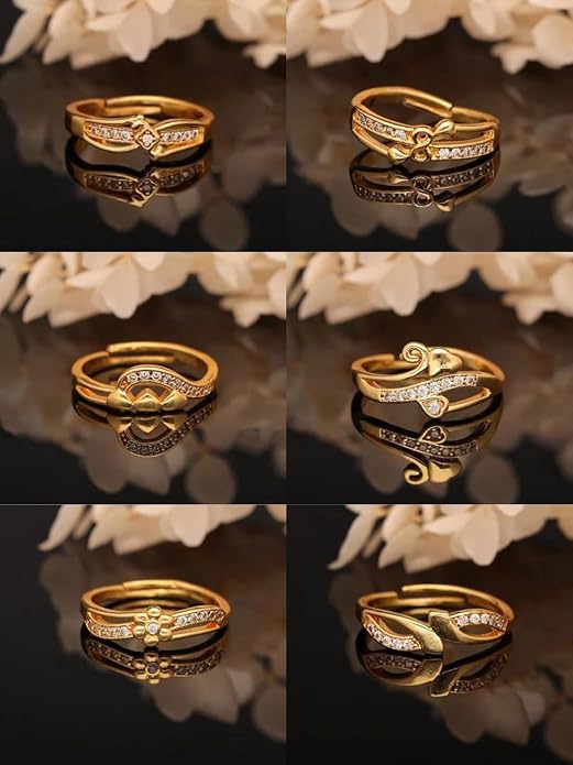 Brado Jewellery combo of 6 Gold Plated ad american diamond Adjustable free size Rings Combo  & Girls | Stylish Fancy Ring Set | Heart & Stone Design | for Daily use (JR 7)