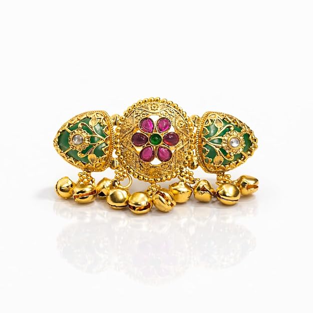 Heritage Style Elephant Motif Gold Plated Adjustable Ring with Latkan Green Stones Kundan Brass Jewellery