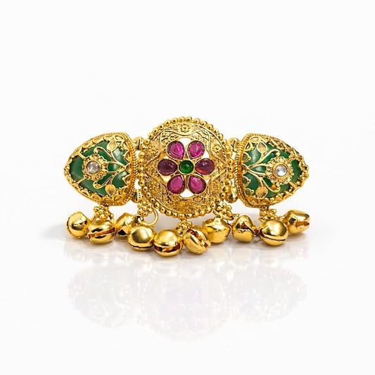 Heritage Style Elephant Motif Gold Plated Adjustable Ring with Latkan Green Stones Kundan Brass Jewellery