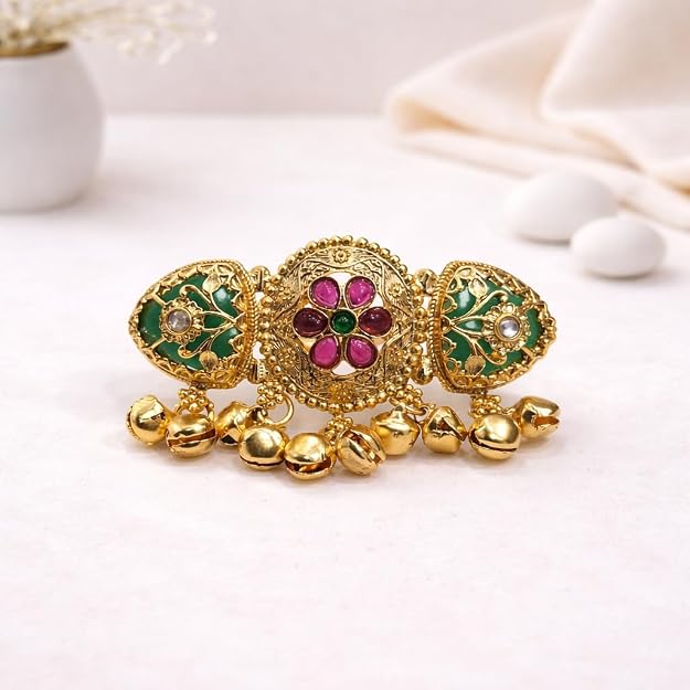 Heritage Style Elephant Motif Gold Plated Adjustable Ring with Latkan Green Stones Kundan Brass Jewellery
