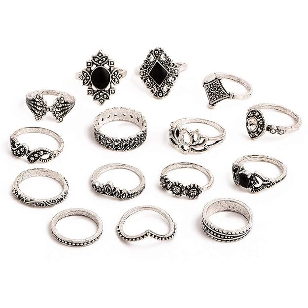Shining Diva Fashion Non Precious Base Metal Boho Midi Finger Ring for Girls - Set of 15 (Silver, 11800r)