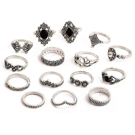 Shining Diva Fashion Non Precious Base Metal Boho Midi Finger Ring for Girls - Set of 15 (Silver, 11800r)