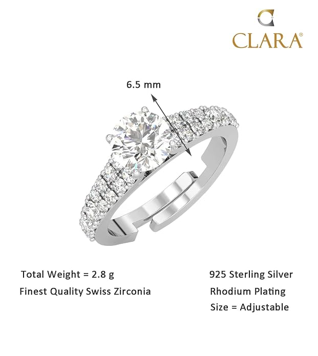 Clara Pure 925 Sterling Silver Solitaire Finger Ring with Adjustable Band | Gift  Girls Wife Girlfriend | Multiple Design Options