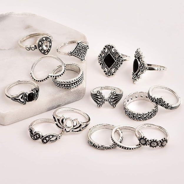 Shining Diva Fashion Non Precious Base Metal Boho Midi Finger Ring for Girls - Set of 15 (Silver, 11800r)