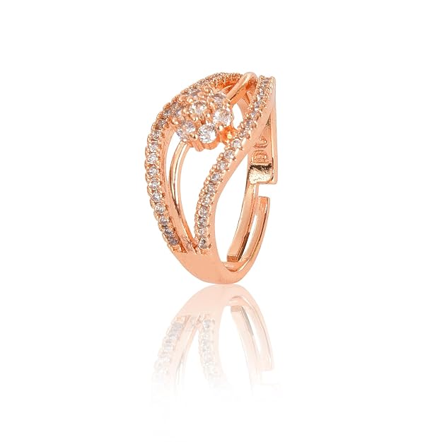 Nilu's Collection Rose Gold Plated Elegant American Diamond Studded Sparkling Adjustable Finger Ring  and Girls (Rose Gold)