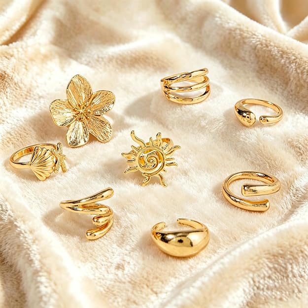 Rings Set , Adjustable Rings , Gold Metal Flowers Shell Design Open Rings, Stackable Jewelry for Daily Fashion and Special Occasions
