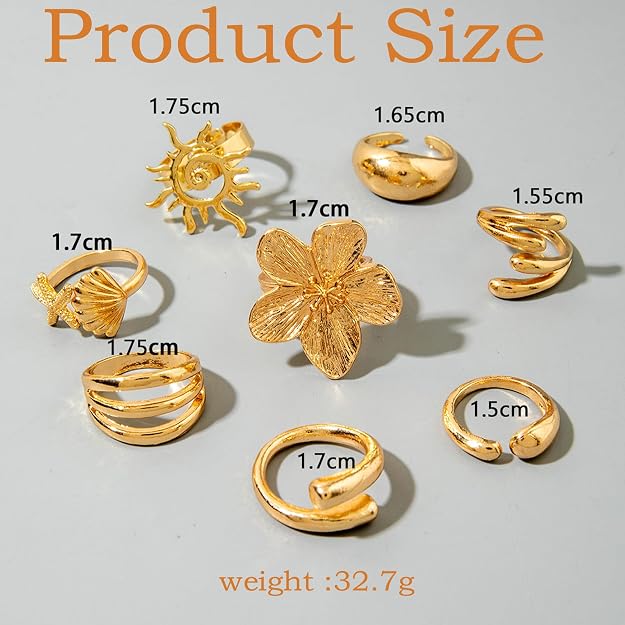 Rings Set , Adjustable Rings , Gold Metal Flowers Shell Design Open Rings, Stackable Jewelry for Daily Fashion and Special Occasions