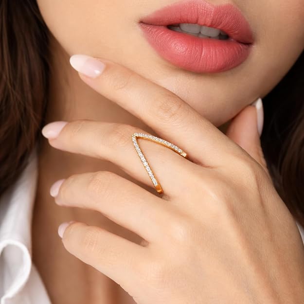SALVE CZ Studded V-Shaped Finger Ring  Stylish | Tarnish Free Jewellery Adjustable Ring  Gold Ring for Girls Stylish | Aesthetic Accessories for Girls