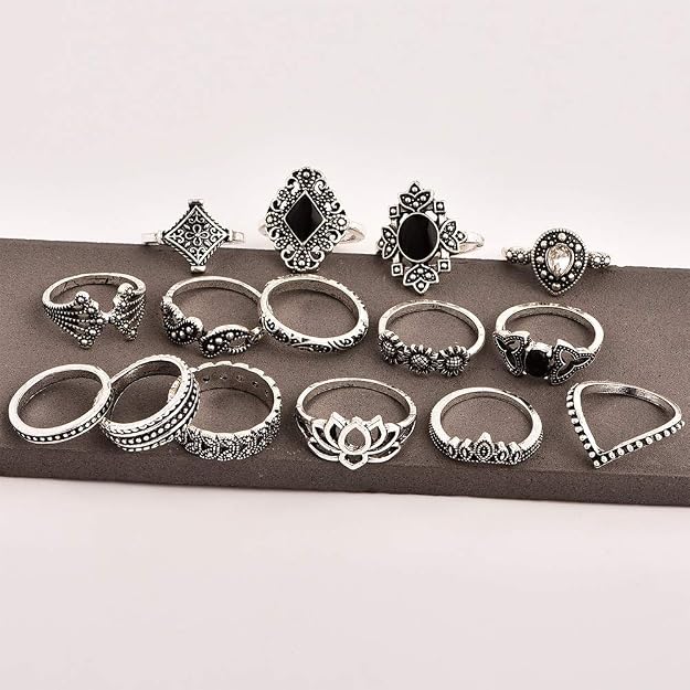 Shining Diva Fashion Non Precious Base Metal Boho Midi Finger Ring for Girls - Set of 15 (Silver, 11800r)