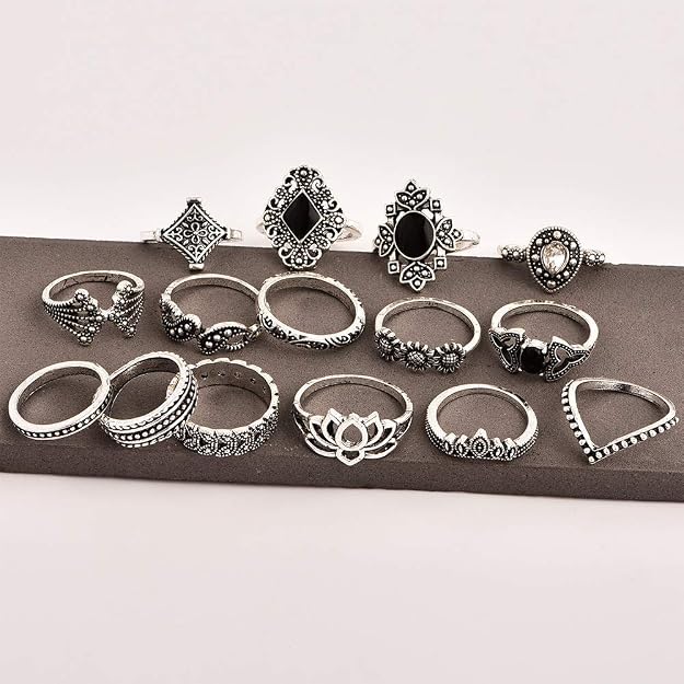 YouBella Oxidised Combo of 15 Boho Silver Plated Rings for Girls and  (YBRG_20111A) (Silver)
