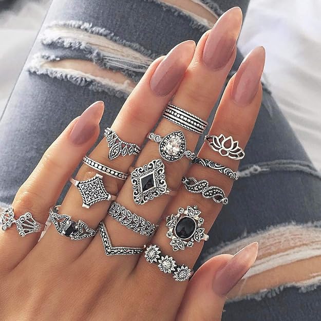 YouBella Oxidised Combo of 15 Boho Silver Plated Rings for Girls and  (YBRG_20111A) (Silver)