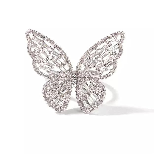 Fashion Frill 's Jewellery Butterfly Ring - Stainless Steel Silver AD Studded Adjustable Ring for Girls - Romantic Gift for Wife Girlfriend Promise