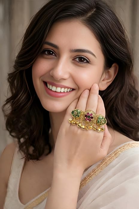 Heritage Style Elephant Motif Gold Plated Adjustable Ring with Latkan Green Stones Kundan Brass Jewellery