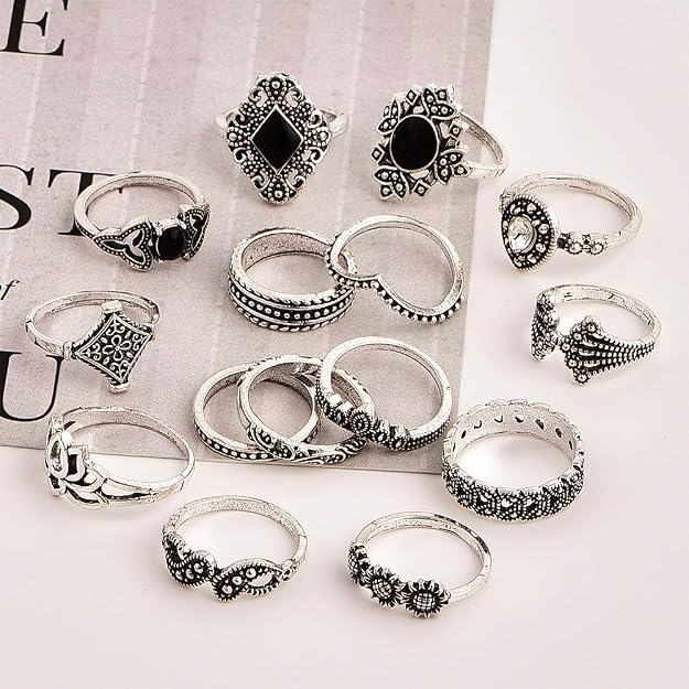 YouBella Oxidised Combo of 15 Boho Silver Plated Rings for Girls and  (YBRG_20111A) (Silver)