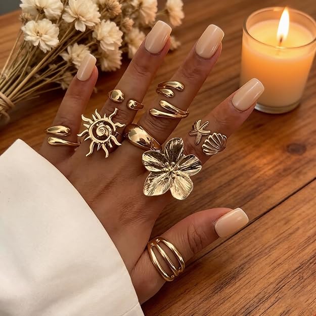 Rings Set , Adjustable Rings , Gold Metal Flowers Shell Design Open Rings, Stackable Jewelry for Daily Fashion and Special Occasions