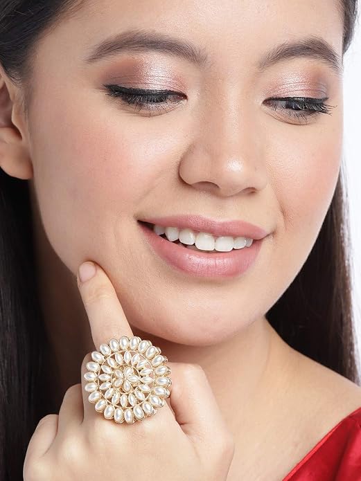 ZAVERI PEARLS Gold Tone Pearls Flower Ethnic Adjustable Finger Ring For -ZPFK9537