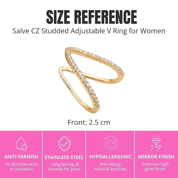 SALVE CZ Studded V-Shaped Finger Ring  Stylish | Tarnish Free Jewellery Adjustable Ring  Gold Ring for Girls Stylish | Aesthetic Accessories for Girls