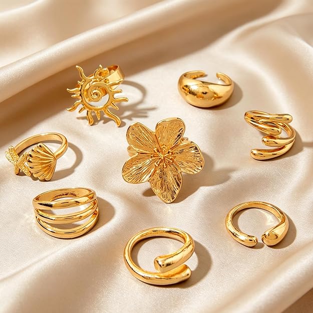 Rings Set , Adjustable Rings , Gold Metal Flowers Shell Design Open Rings, Stackable Jewelry for Daily Fashion and Special Occasions