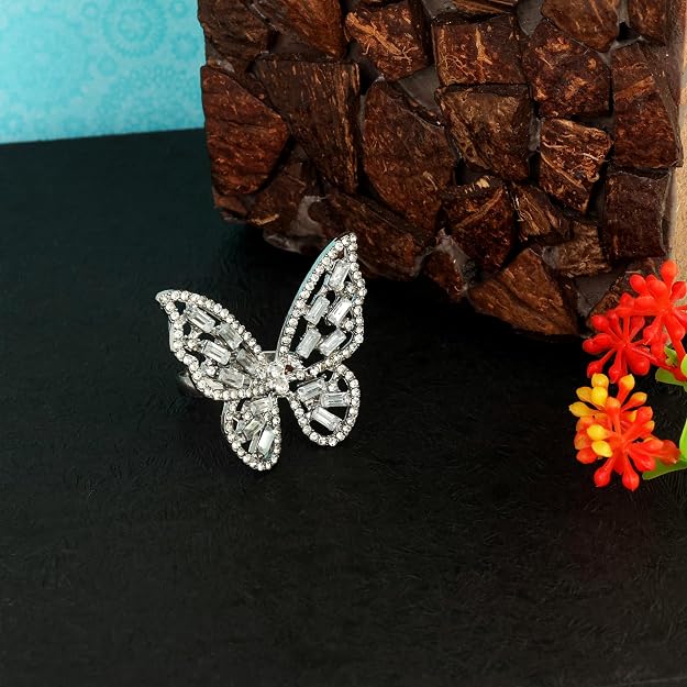 Fashion Frill 's Jewellery Butterfly Ring - Stainless Steel Silver AD Studded Adjustable Ring for Girls - Romantic Gift for Wife Girlfriend Promise