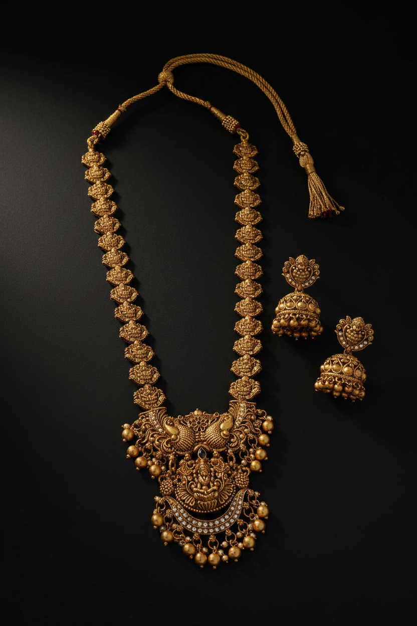 Traditional Antique Matte Gold Finish Goddess Lakshmi & Peacock Motif Long Necklace Set with Jhumka Earrings for Women | Ethnic  Jewellery for Weddings, Brides & Festivals