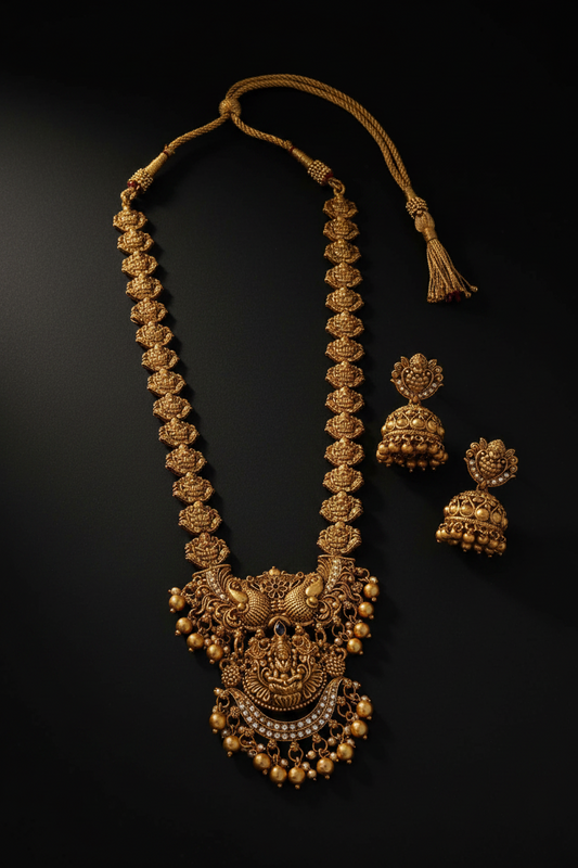 Traditional Antique Matte Gold Finish Goddess Lakshmi & Peacock Motif Long Necklace Set with Jhumka Earrings for Women | Ethnic  Jewellery for Weddings, Brides & Festivals