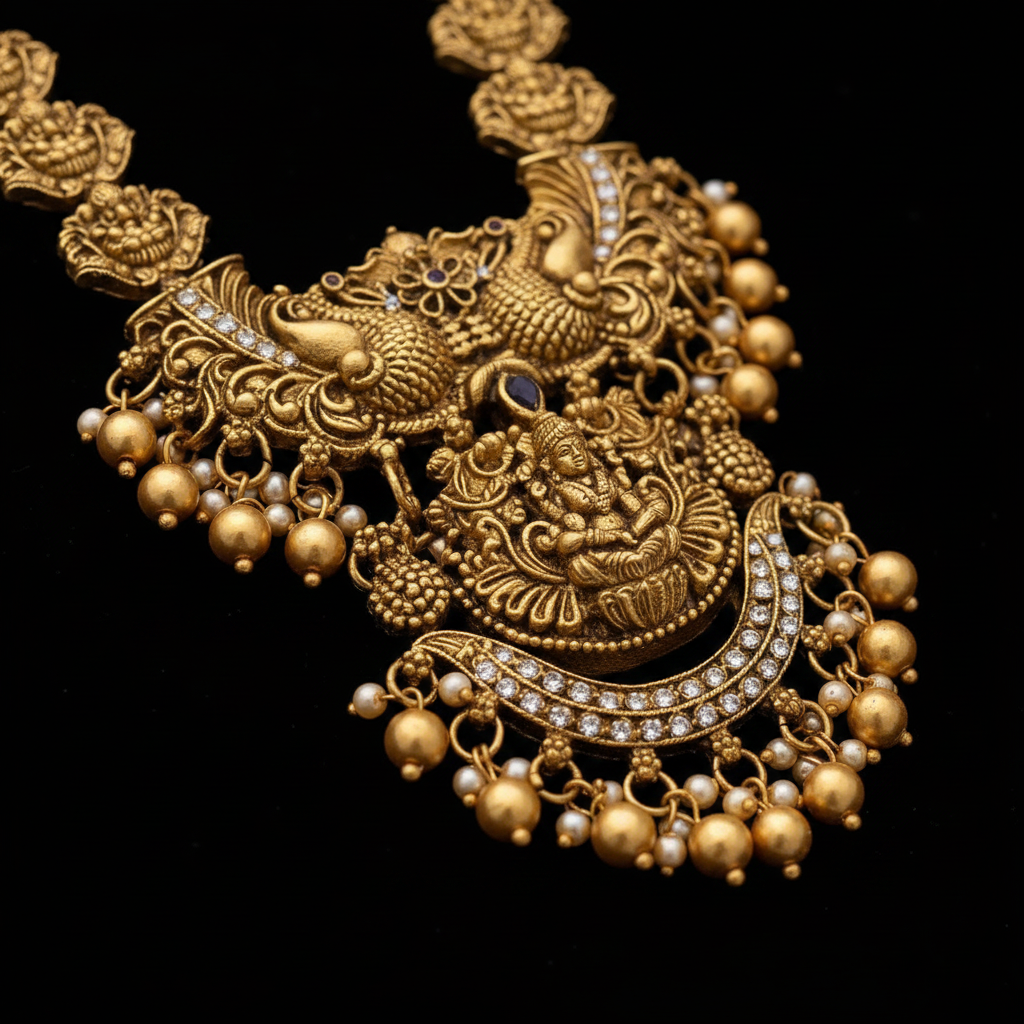 Traditional Antique Matte Gold Finish Goddess Lakshmi & Peacock Motif Long Necklace Set with Jhumka Earrings for Women | Ethnic  Jewellery for Weddings, Brides & Festivals