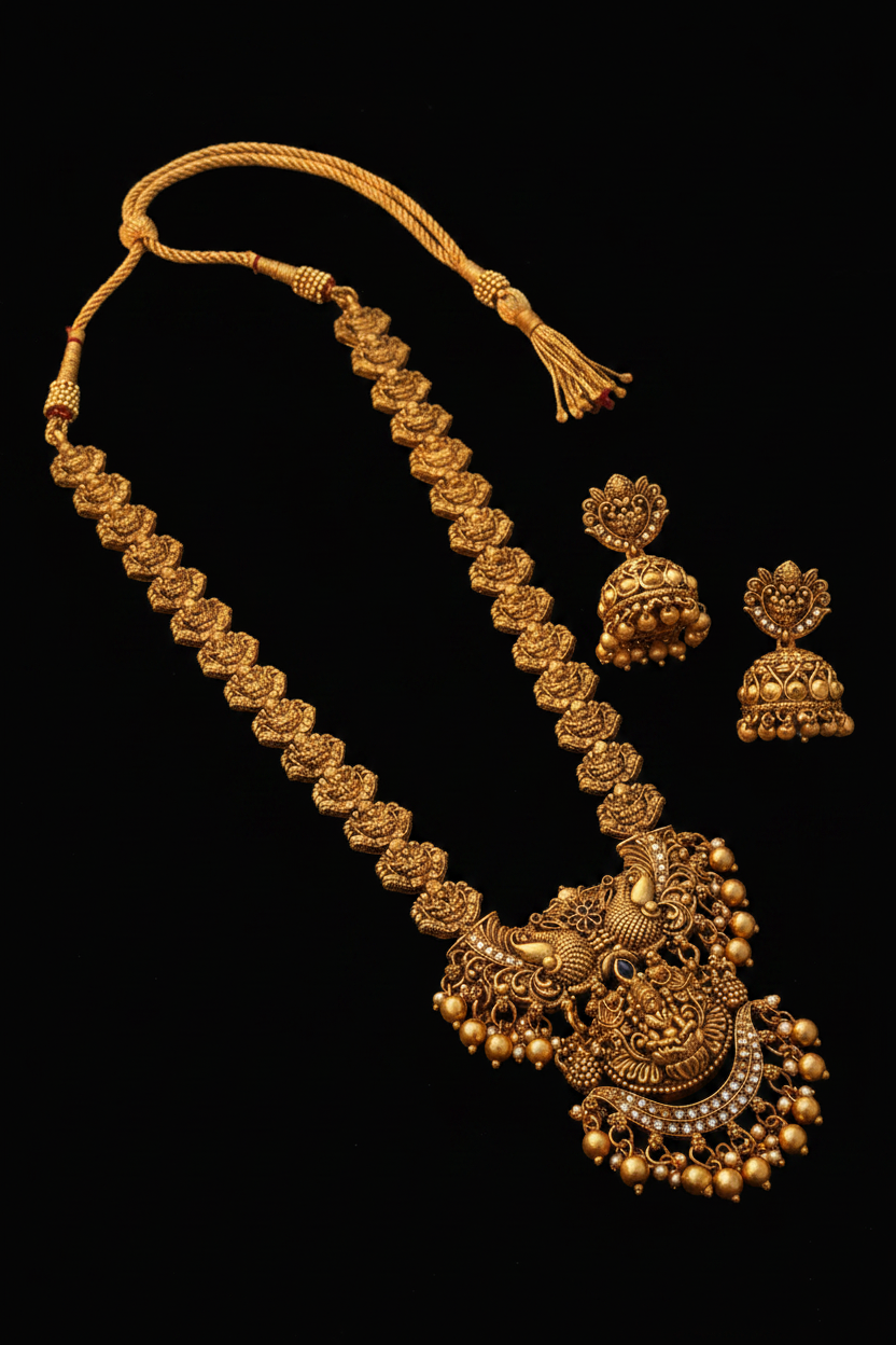 Traditional Antique Matte Gold Finish Goddess Lakshmi & Peacock Motif Long Necklace Set with Jhumka Earrings for Women | Ethnic  Jewellery for Weddings, Brides & Festivals